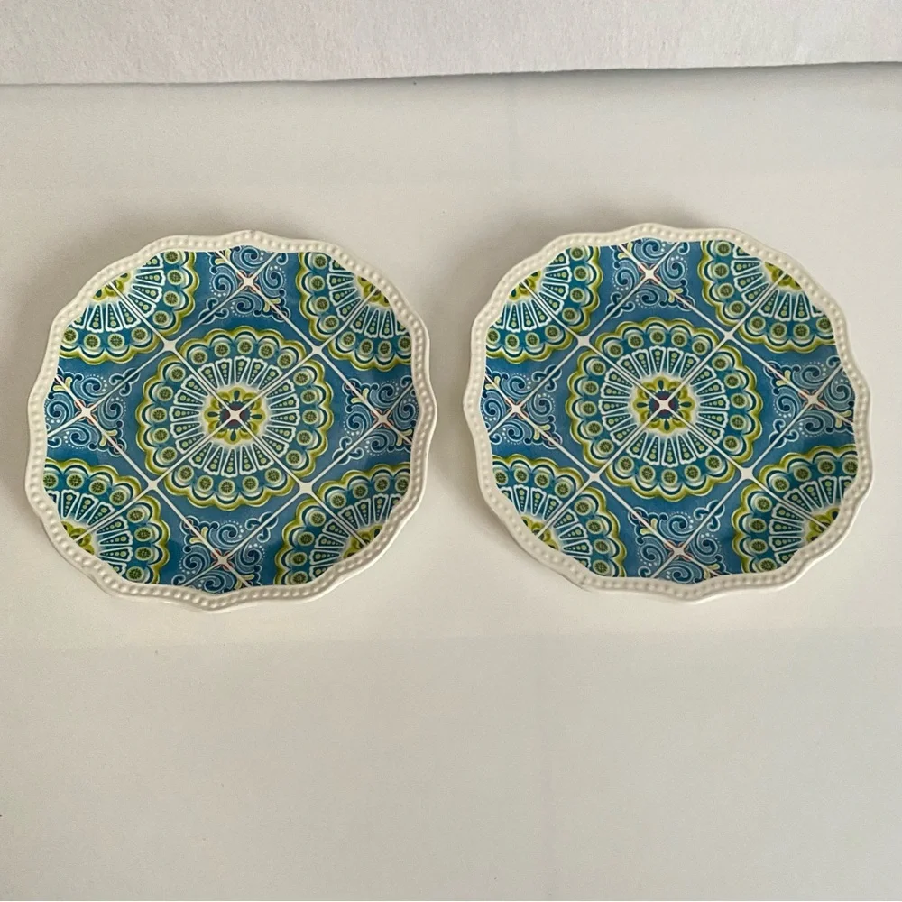 Pier 1 Imports Set of 2 Atlas Salad Plates Scalloped Edges Geometric Pattern